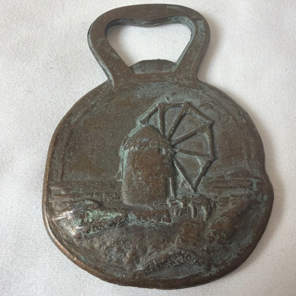 VTG Brass Greek Bottle Opener Double Sided Petros the Pelican & Windmill‎